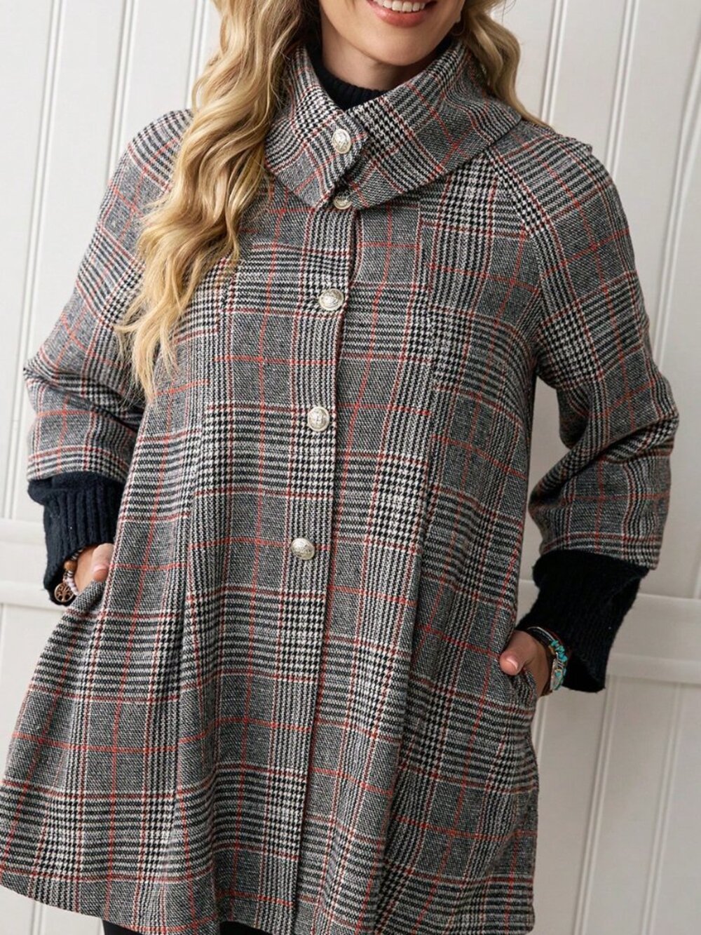 Grey Casual Women's Elegant Plaid Regular Fit Loose Hem Jacket - Picture 6 of 8